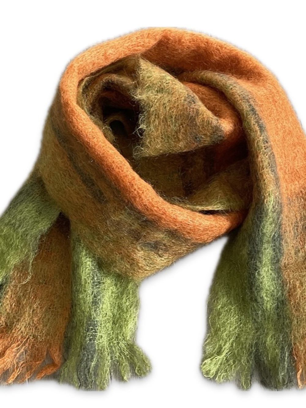 VTG Glen Cree Galloway Mohair Fringed Scarf Green Orange Made in Scotland